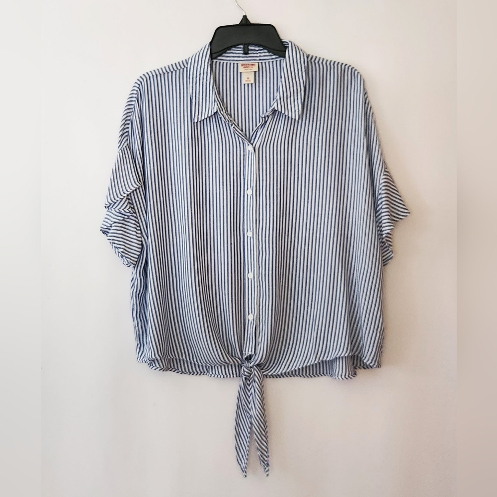 Mossimo Supply Co. Blue and White Striped Tie-Front Blouse
